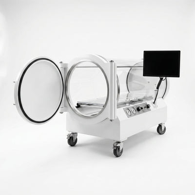 Hyperbaric Chamber Designed for Advanced Recovery, Transparent Cylindrical Shell, Mobile Base, Real-Time Monitoring