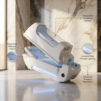 Hyperbaric Chamber Engineered for Next-Generation Oxygen Therapy, Transparent Canopy, Ambient Blue Lighting — infographic
