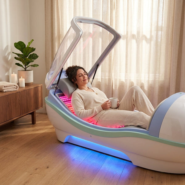 Hyperbaric Oxygen Chamber Engineered for Wellness Therapy, Transparent Canopy, Ambient Blue Lighting, Composite Shell