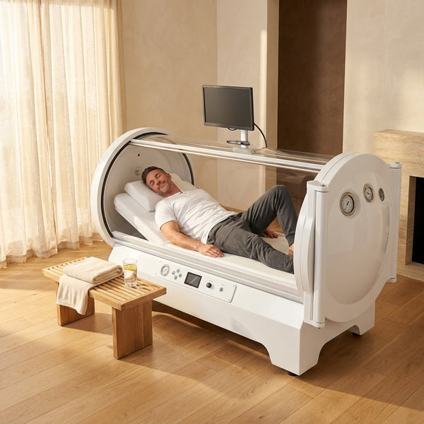 Hyperbaric Chamber Designed for Advanced Recovery, Transparent Cylindrical Shell, Mobile Base, Real-Time Monitoring